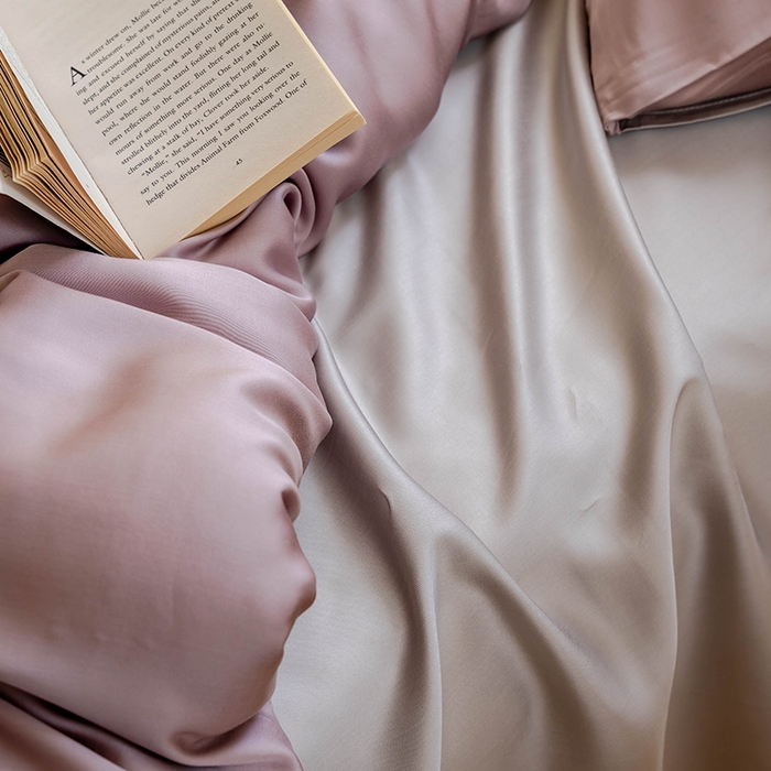 91家纺网 家纺一手货源 找家纺  沐晴家纺 2025春夏新款纯色兰精天丝四件套双拼单被套单床笠床单枕套 满天星紫-曙光银