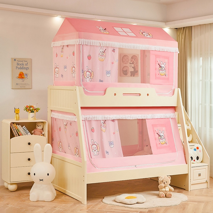 91家纺网 家纺一手货源 找家纺 迪凡保罗蚊帐 2025新款2504专版印花遮光帘上下铺子母蚊帐-城堡款 粉红兔兔