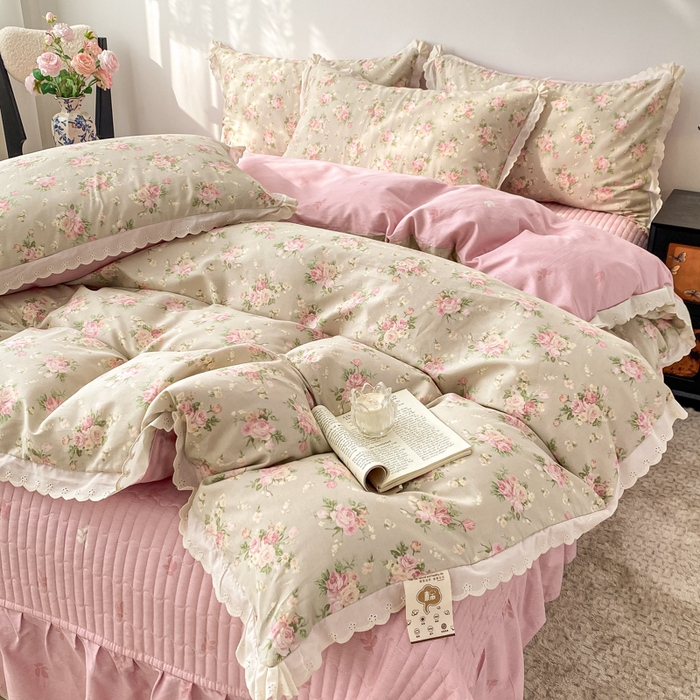 91家纺网 家纺一手货源 找家纺 梦可莱家居 2025新款全棉韩版蕾丝边床盖四件套 玫瑰