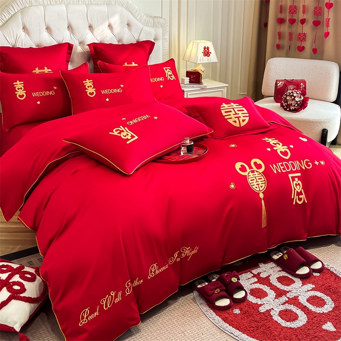 91家纺网 家纺一手货源 找家纺 欧乐蒂 2025新款亲肤棉刺绣婚庆四件套 喜愿