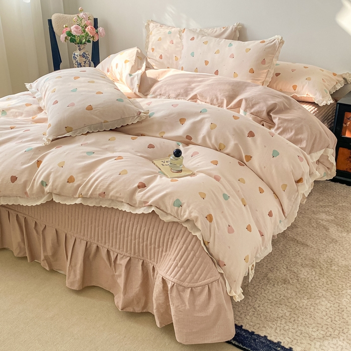 91家纺网 家纺一手货源 找家纺 梦可莱家居 2025新款全棉韩版蕾丝边床盖四件套 南瓜