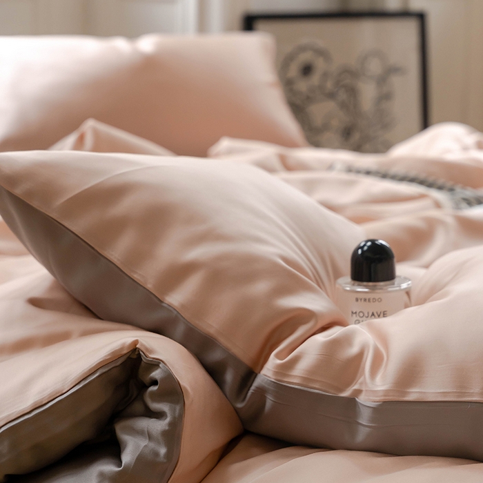 91家纺网 家纺一手货源 找家纺  沐晴家纺 2025春夏新款纯色兰精天丝四件套双拼单被套单床笠床单枕套 月光色-岩石灰