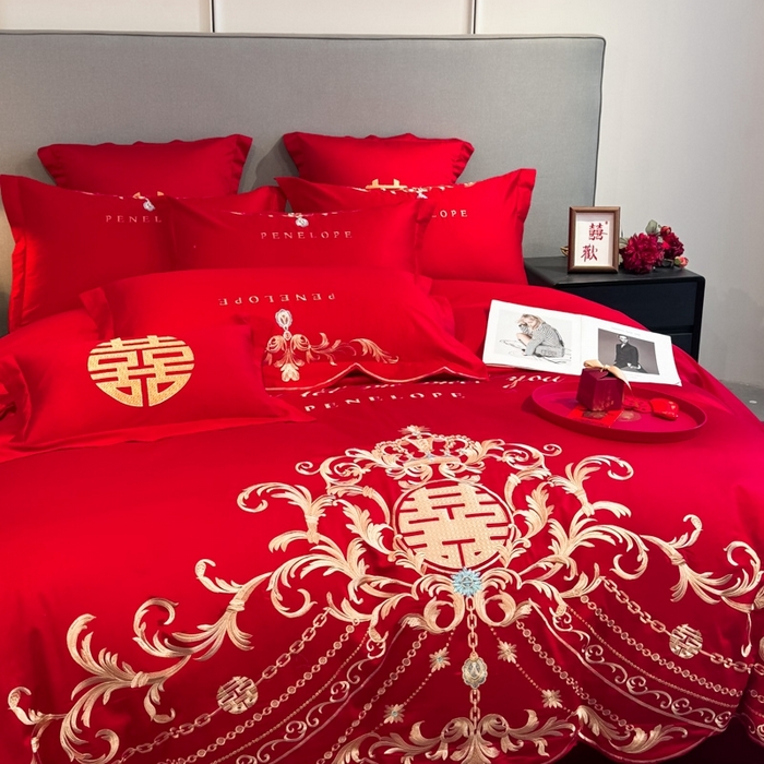 91家纺网 家纺一手货源 找家纺 欧乐蒂 2025新款欧式亲肤棉婚庆四件套 布拉格-红