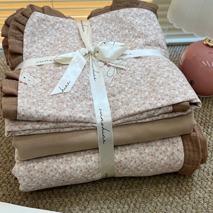 91家纺网 家纺一手货源 找家纺 （总）荣轩 2024新款全棉印花双层纱四件套 皱皱纱花边款