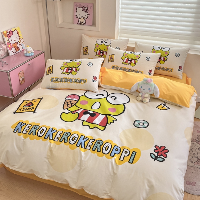 91家纺网 家纺一手货源 找家纺 金爱家 2025新款纯棉数码印花大阪三丽鸥四件套 假期快乐