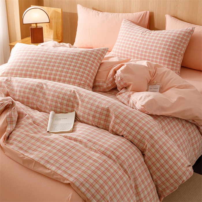 91家纺网 家纺一手货源 找家纺 趣色家纺 2025新款全棉色织水洗棉四件套 恩格尔粉