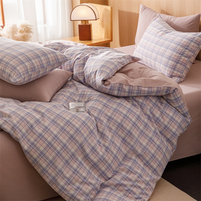 91家纺网 家纺一手货源 找家纺 趣色家纺 2025新款全棉色织水洗棉四件套 云舒紫