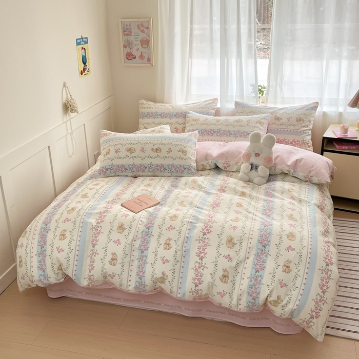 91家纺网 家纺一手货源 找家纺 吉象家纺 2025新款高支密全棉印花四件套12868跑量款 碎花小兔