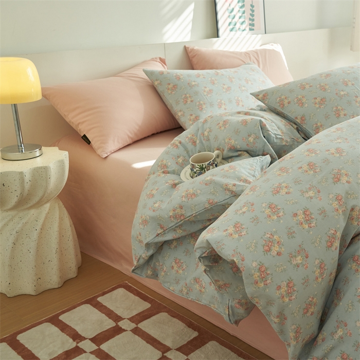 91家纺网 家纺一手货源 找家纺 趣色家纺 2025新款A类全棉双层纱印花四件套 清秋兰