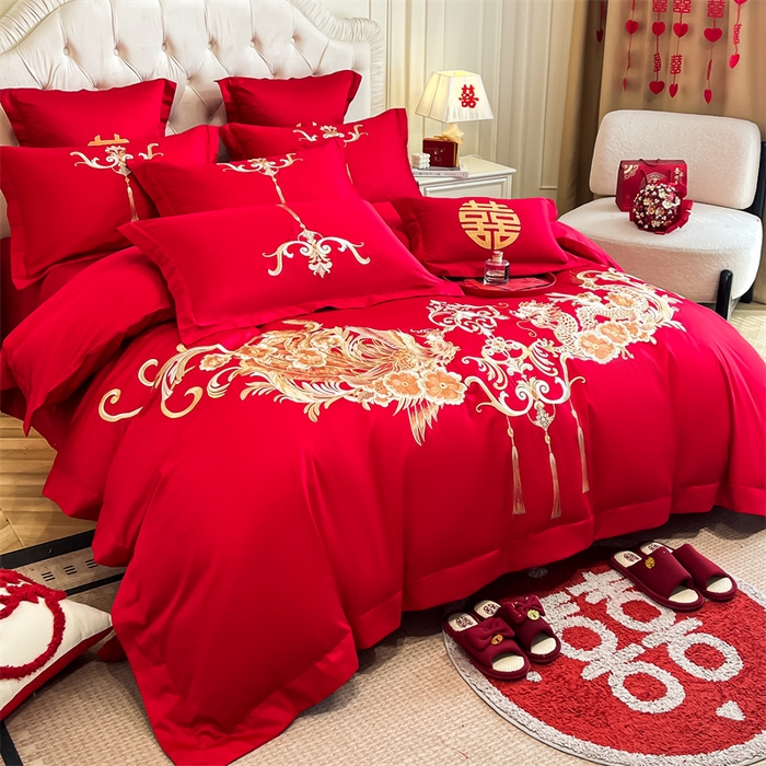 91家纺网 家纺一手货源 找家纺 欧乐蒂 2025新款亲肤棉刺绣婚庆四件套 龙凤爱恋