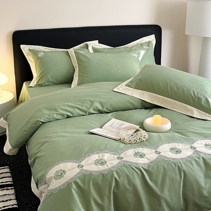 91家纺网 家纺一手货源 找家纺 懒猫家纺 2025新款【克莉斯】全棉刺绣四件套 克莉斯-绿