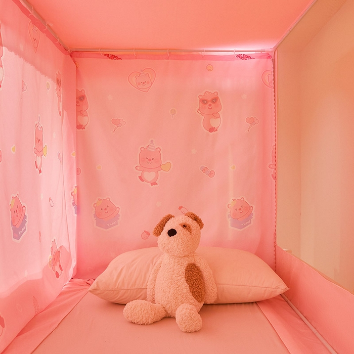 91家纺网 家纺一手货源 找家纺 迪凡保罗2025新款2504专版印花遮光帘上下铺子母蚊帐-常规款 粉红小熊