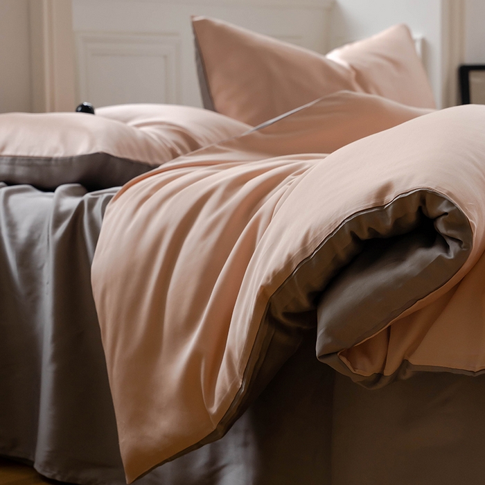 91家纺网 家纺一手货源 找家纺  沐晴家纺 2025春夏新款纯色兰精天丝四件套双拼单被套单床笠床单枕套 月光色-岩石灰