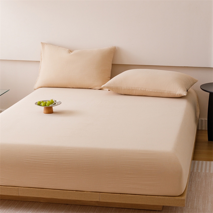 91家纺网 家纺一手货源 找家纺 趣色家纺 2025新款全棉皱皱纱单床笠 卡其