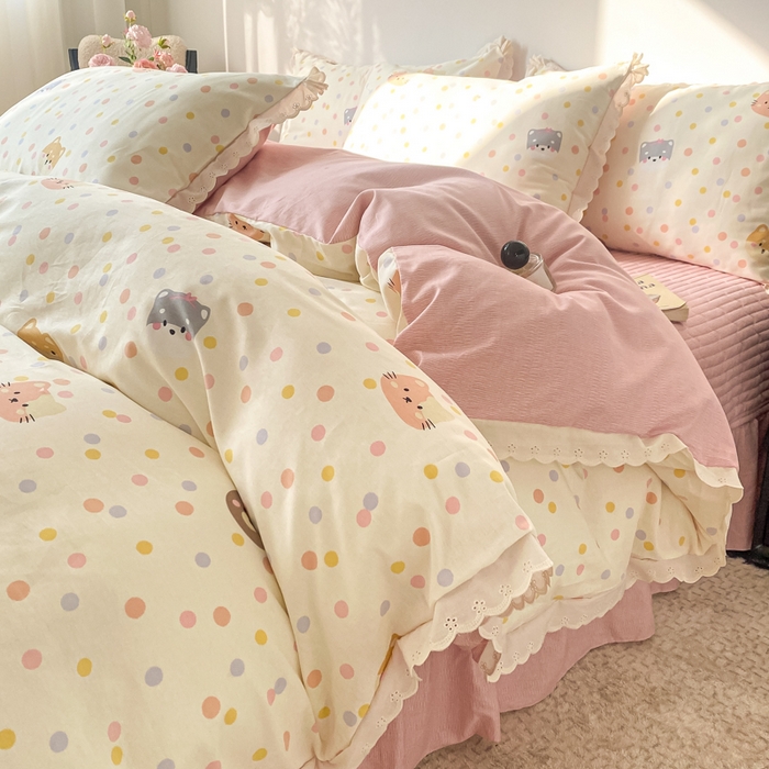 91家纺网 家纺一手货源 找家纺 梦可莱家居 2025新款全棉韩版蕾丝边床盖四件套 胖胖熊