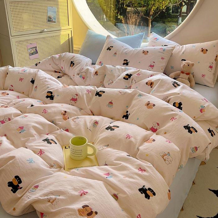 91家纺网 家纺一手货源 找家纺 2025耀达新款舒适水洗棉印花四件套 狗狗日记-印花