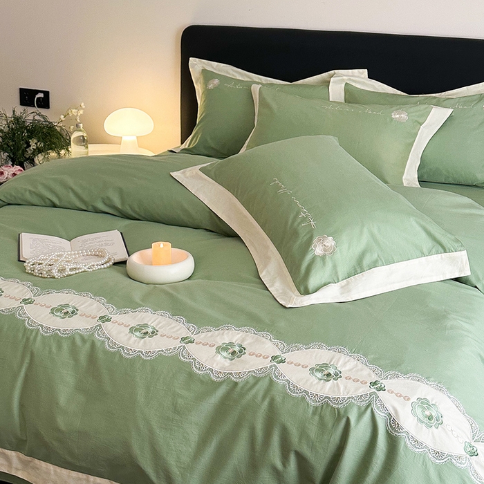 91家纺网 家纺一手货源 找家纺 懒猫家纺 2025新款【克莉斯】全棉刺绣四件套 克莉斯-绿