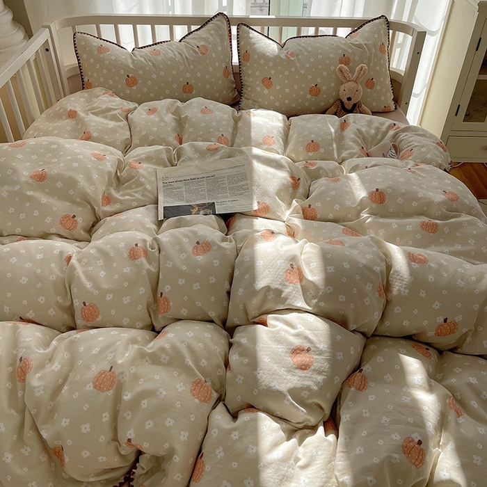 91家纺网 家纺一手货源 找家纺 三朵 2025新款全棉双层纱三角针四件套 爱心南瓜