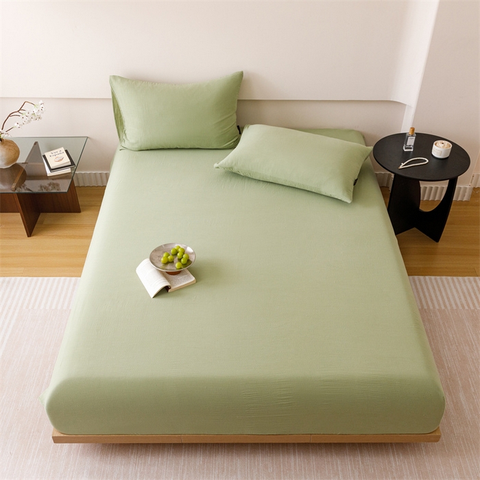 91家纺网 家纺一手货源 找家纺 趣色家纺 2025新款全棉皱皱纱单床笠 抹茶绿