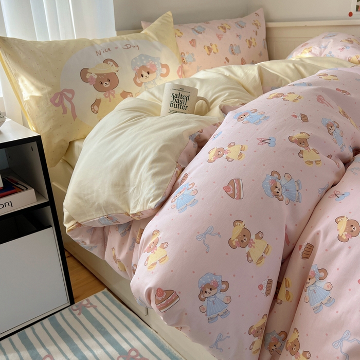 91家纺网 家纺一手货源 找家纺 丽涵 2025新款全棉13372小清新印花四件套 幸运小熊熊