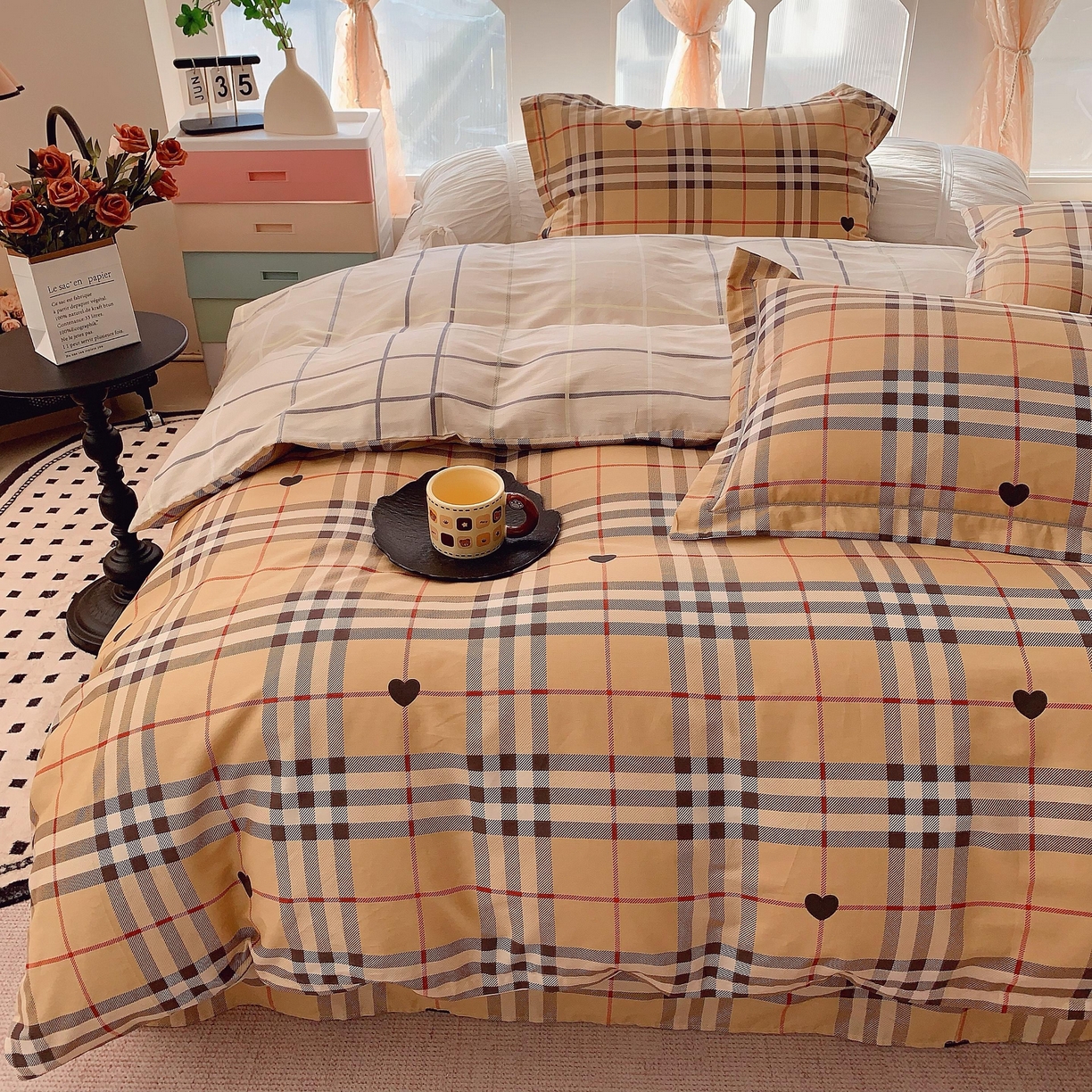 91家纺网 家纺一手货源 找家纺 奈萝家纺 2025新款亲肤小清新全棉四件套 咖啡格