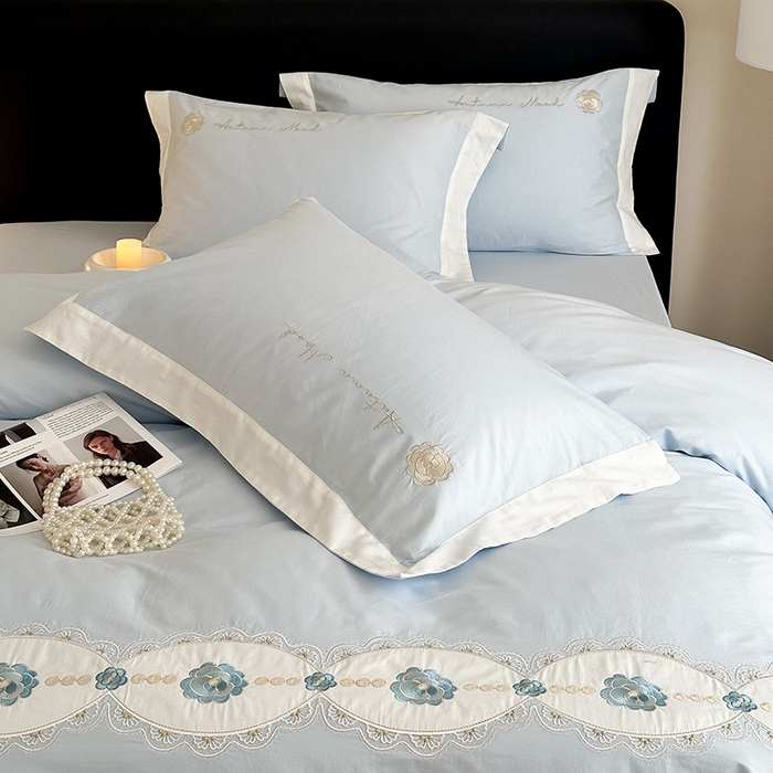 91家纺网 家纺一手货源 找家纺 懒猫家纺 2025新款【克莉斯】全棉刺绣四件套 克莉斯-蓝