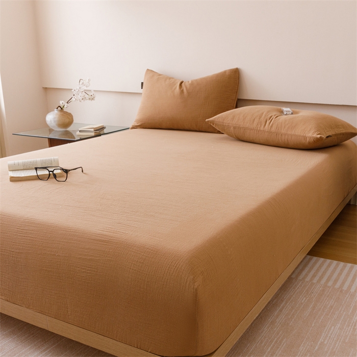 91家纺网 家纺一手货源 找家纺 趣色家纺 2025新款全棉皱皱纱单床笠 摩卡