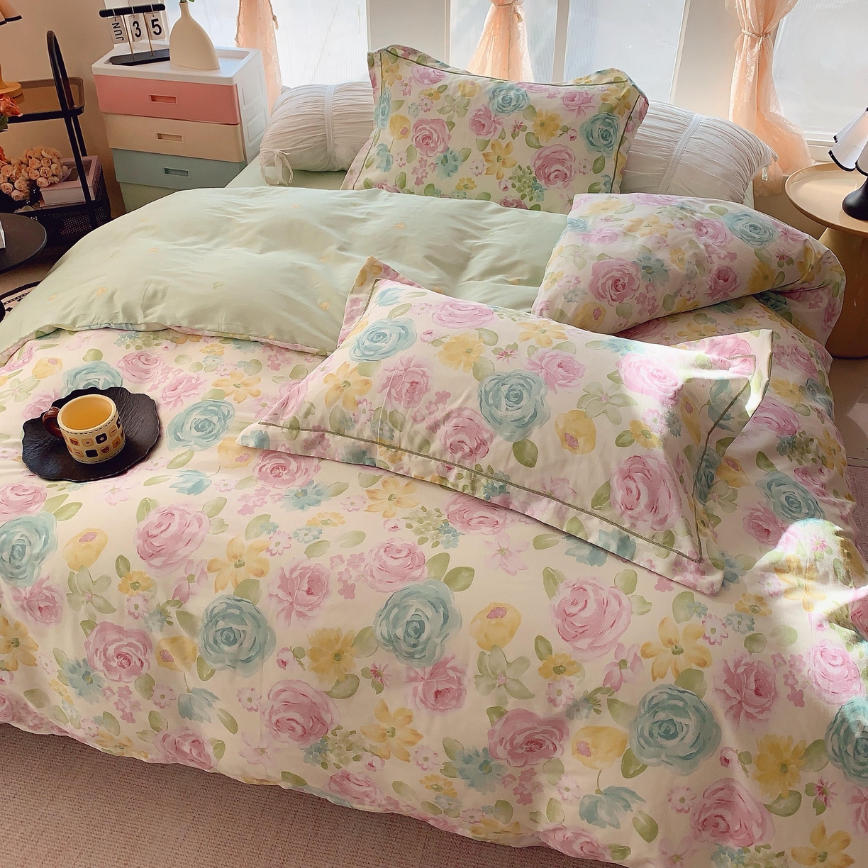 91家纺网 家纺一手货源 找家纺 奈萝家纺 2025新款亲肤小清新全棉四件套 油画玫瑰