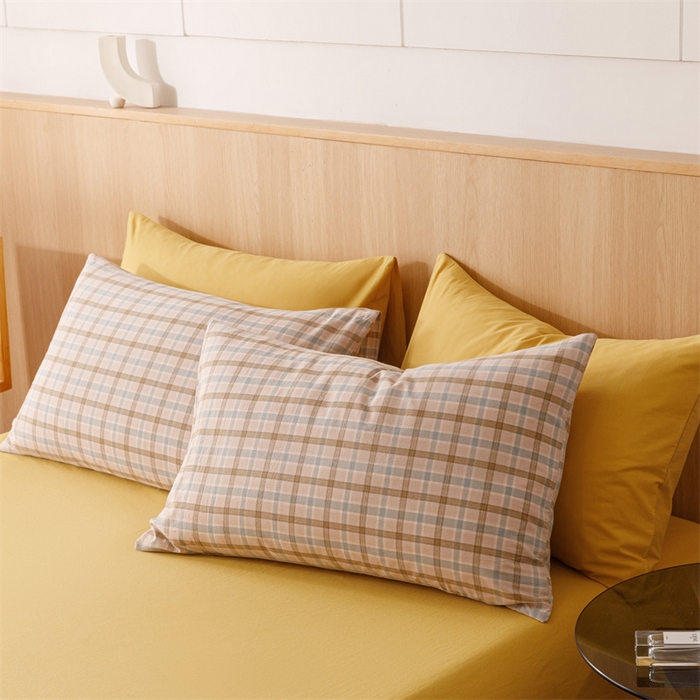 91家纺网 家纺一手货源 找家纺 趣色家纺 2025新款全棉色织水洗棉四件套 云水黄格