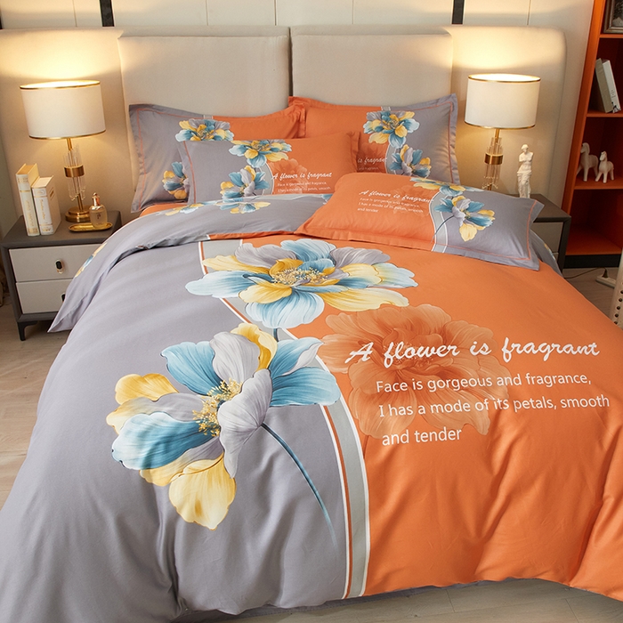 91家纺网 家纺一手货源 找家纺 启航家居2025新款春夏直播爆款全棉大版印花四件套 沐雅清风桔