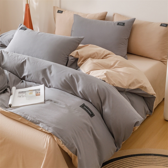 91家纺网 家纺一手货源 找家纺 趣色家纺 2025新款全棉双拼纯色四件套 浅灰+卡其