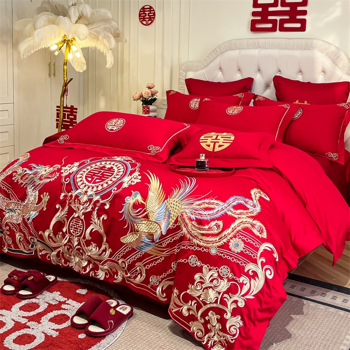 91家纺网 家纺一手货源 找家纺 欧乐蒂 2025新款亲肤棉刺绣婚庆四件套 龙翔凤跃