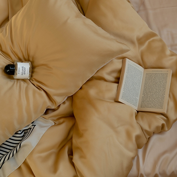 91家纺网 家纺一手货源 找家纺  沐晴家纺 2025春夏新款纯色兰精天丝四件套双拼单被套单床笠床单枕套 芝士黄-沙茶色