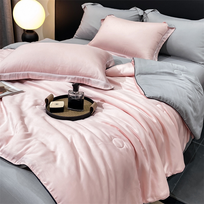 91家纺网 家纺一手货源 找家纺 悦织湾 2025新款夏被60S兰精莱赛尔纯色天丝夏被四件套轻奢 少女粉