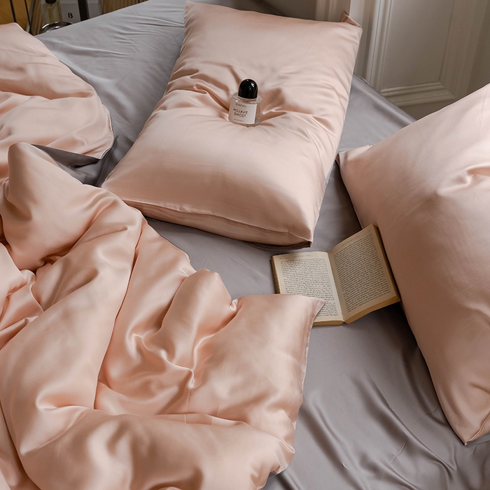 91家纺网 家纺一手货源 找家纺  沐晴家纺 2025春夏新款纯色兰精天丝四件套双拼单被套单床笠床单枕套 月光色-岩石灰