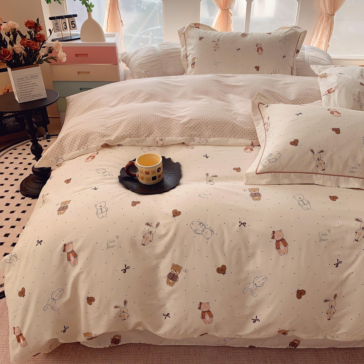 91家纺网 家纺一手货源 找家纺 奈萝家纺 2025新款亲肤小清新全棉四件套 布朗熊