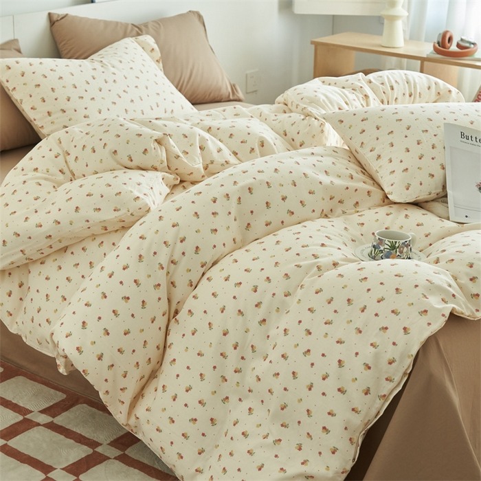 91家纺网 家纺一手货源 找家纺 趣色家纺 2025新款A类全棉双层纱印花四件套 柚香红