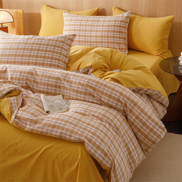 91家纺网 家纺一手货源 找家纺 趣色家纺 2025新款全棉色织水洗棉四件套 棉芷黄