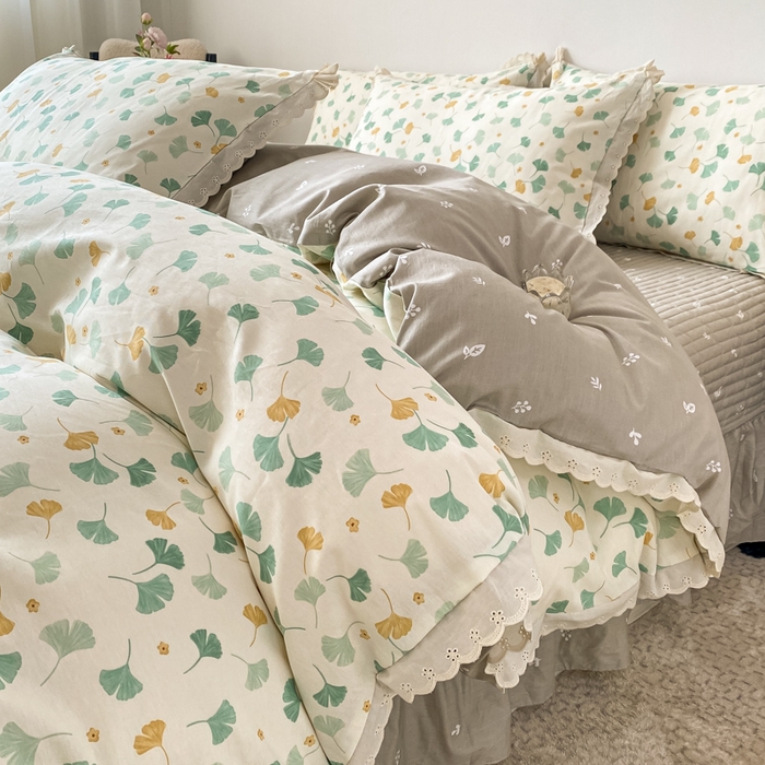 91家纺网 家纺一手货源 找家纺 梦可莱家居 2025新款全棉韩版蕾丝边床盖四件套 银杏叶