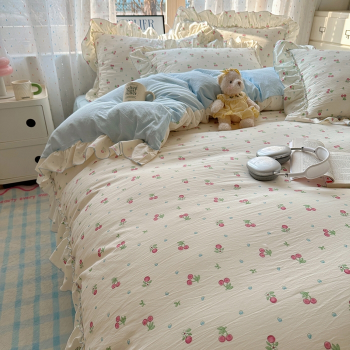 91家纺网 家纺一手货源 找家纺 轻奢坊 2025新款水洗棉密拷花边款 四件套 小樱桃