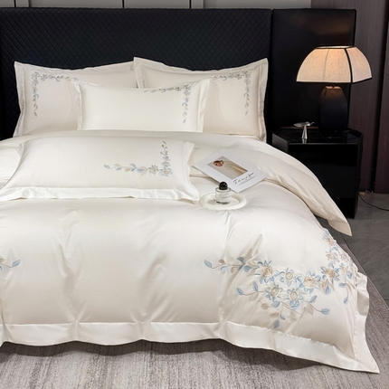 91家纺网 家纺一手货源 找家纺 （总）KA家纺2025春夏A类纯棉全棉贡缎绣花长绒棉四件套 伊芙琳系列