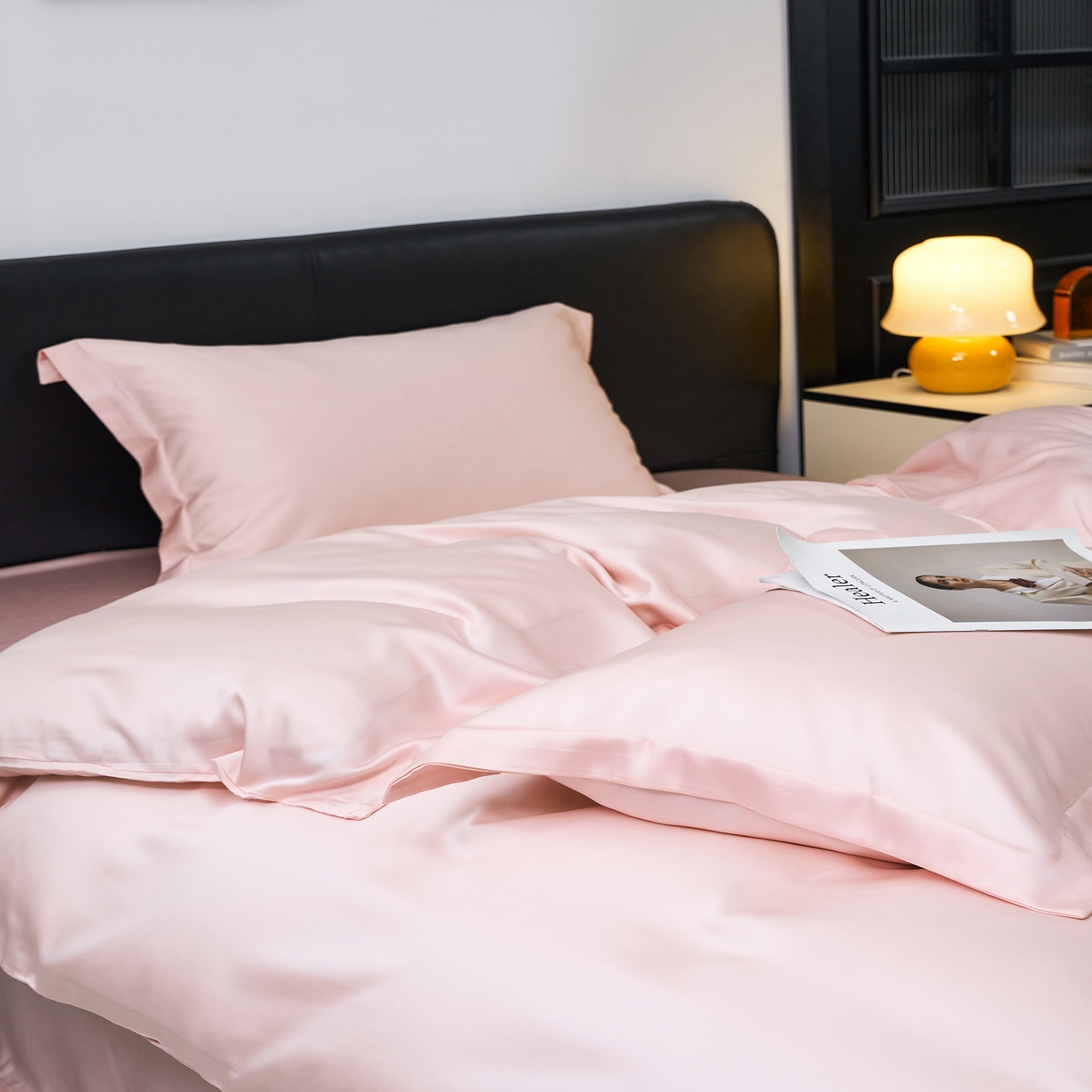 91家纺网 家纺一手货源 找家纺 顾家家居 2025新款纯色兰精天丝四件套 冰粉色