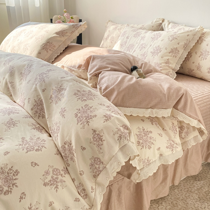 91家纺网 家纺一手货源 找家纺 梦可莱家居 2025新款全棉韩版蕾丝边床盖四件套 彩绘