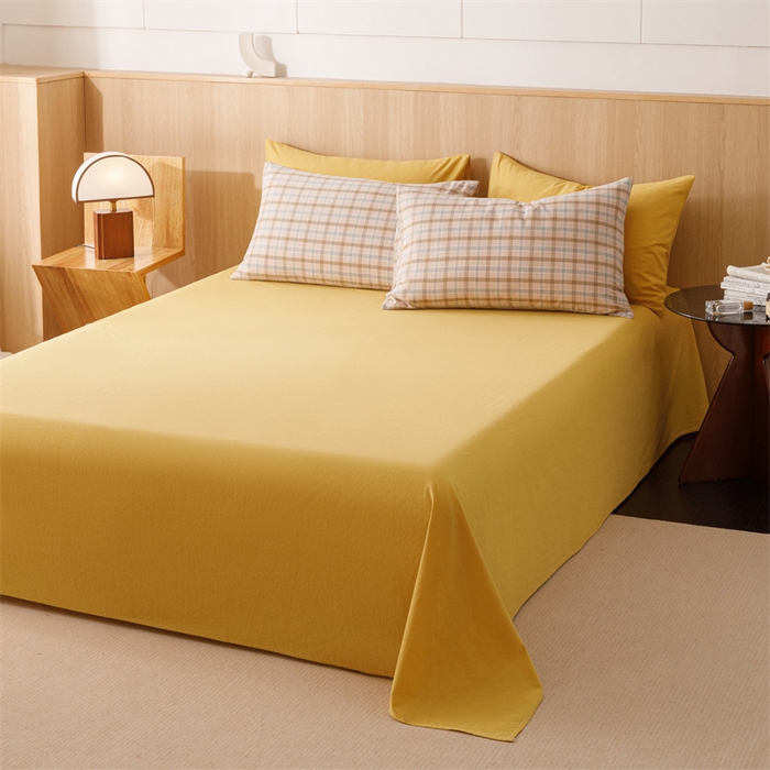 91家纺网 家纺一手货源 找家纺 趣色家纺 2025新款全棉色织水洗棉四件套 云水黄格