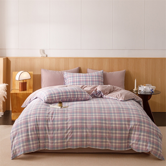 91家纺网 家纺一手货源 找家纺 趣色家纺 2025新款全棉色织水洗棉四件套 丁香格