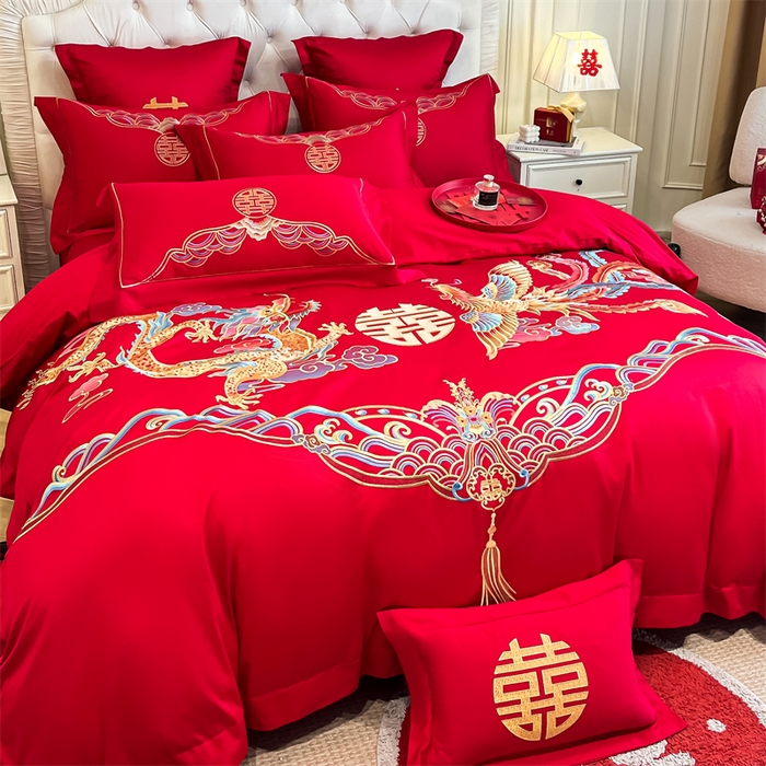 91家纺网 家纺一手货源 找家纺 欧乐蒂 2025新款亲肤棉刺绣婚庆四件套 龙凤祥瑞