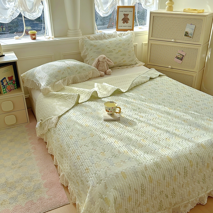 91家纺网 家纺一手货源 找家纺 美梦家纺 2025新款A类全棉13372花边床盖四件套-白边 白边-萱草