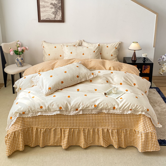 91家纺网 家纺一手货源 找家纺 梦可莱家居 2025新款全棉韩版蕾丝边床盖四件套 甜橙