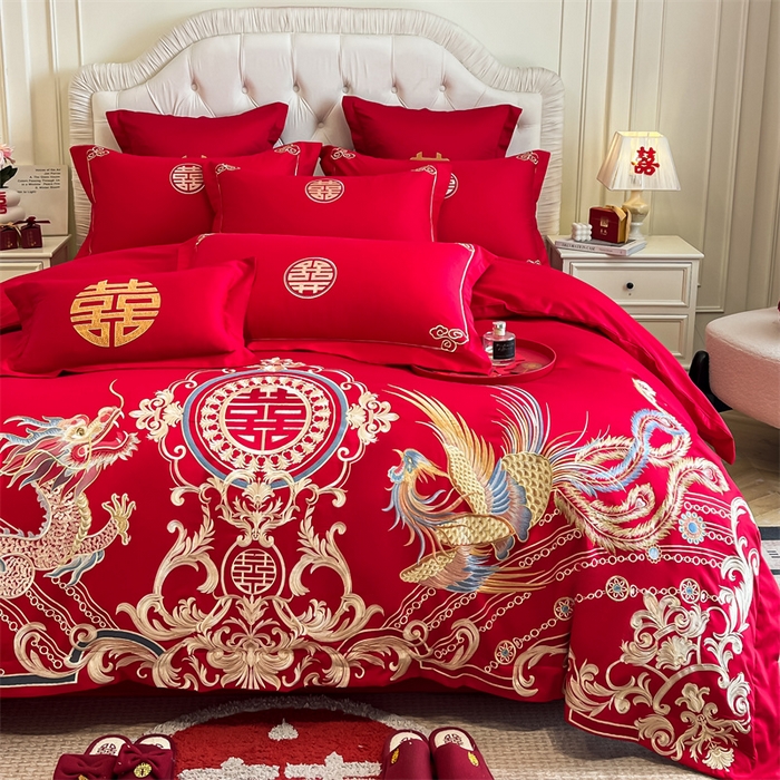 91家纺网 家纺一手货源 找家纺 欧乐蒂 2025新款亲肤棉刺绣婚庆四件套 龙翔凤跃