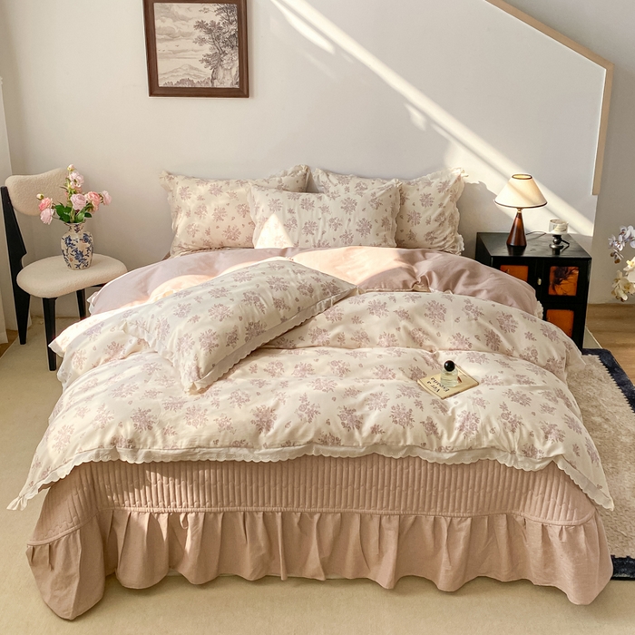 91家纺网 家纺一手货源 找家纺 梦可莱家居 2025新款全棉韩版蕾丝边床盖四件套 彩绘